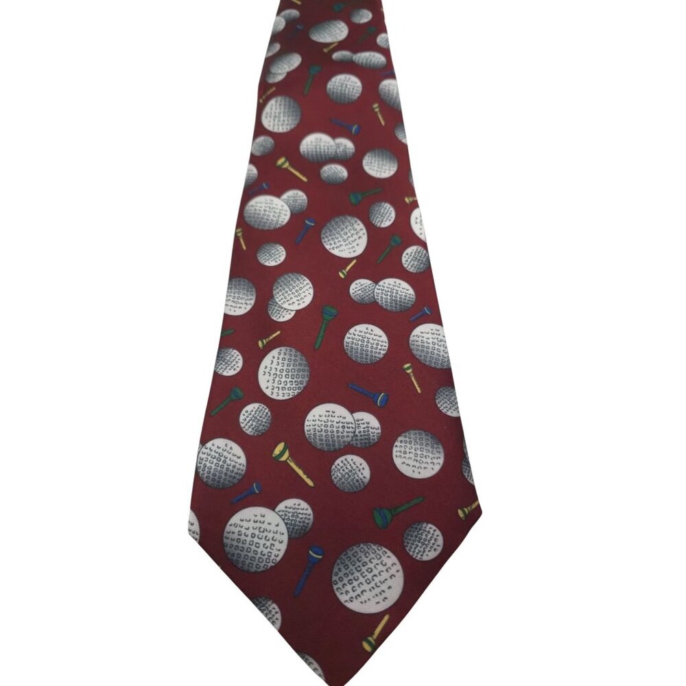 Golf Ball & Tee Pattern Burgundy Necktie 100% Polyester Made In China Fun Novelt